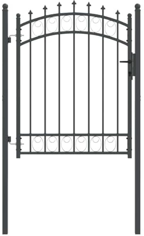 Qnhdfrt Gartentor 104 x 180 cm, Zauntor aus pulverbeschichtetem Stahl mit Pfosten und Schloss, Metalltor für Garten und Terrasse, Grau, mit Spitzen und Bogen-Design
