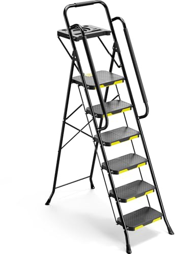 800lb Heavy Duty 6-Step Folding Ladder with Tool Platform, Comfort Handrails & Oversized Non-Slip Pedals – For Painting, Home, Garage & Outdoor