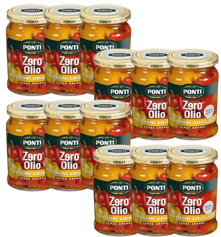 Ponti, Peperoni Zero Olio, Peperoni Grigliati Senza Grassi, Ideali come Aperitivo o Antipasto, Ottimi anche come Contorno, 100% Made in Italy, 12 Barattoli da 290 g