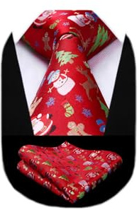 HISDERN Christmas Red Ties for Men Xmas Novelty Tie and Pocket Square Festive Party Funny Necktie Gift Set