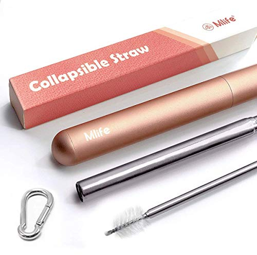 Mlife Rose Gold Foldable Reusable Straws - BPA Free Portable Stainless Steel Metal Drinking Straw with Travel Case & Cleaning Brush & Carabiner