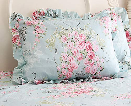 Yolley Store Country Rose Roses Pink Floral Print Pillowcases with Ruffles Bedding Pillow Covers Cotton Fabric Material Standared Size 19 x 29 (Blue Rose)