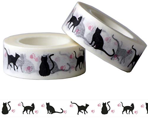 2 Rolls 10m x 15mm Washi Tapes Cute Motifs Masking Tape Decorative Paper Adhesive Tape Stickers Decoration DIY Gift Wrapping Scrapbooking Crafts (Cat)