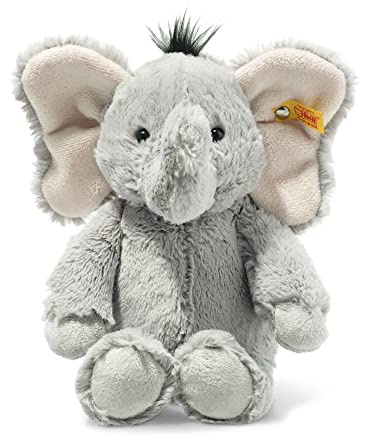 Steiff Ella Elefant grau 30 cm, Soft Cuddly Friends Kuscheltier, Steiff Marken Plüschtier mit Knopf im Ohr, Stofftier für Babys von Geburt an, waschmaschinenfest