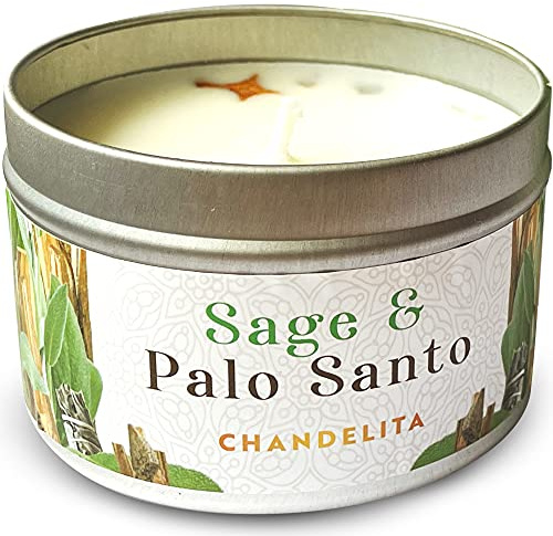 Chandelita Candele Profumate alla Salvia e Palo Santo con Cera di Soia per Meditazione, Guarigione dei Chakra, Rilassamento e Purificazione Spirituale dell’Aria – Candela Profumata