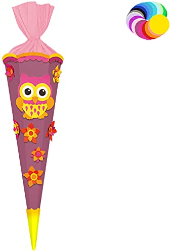 alles-meine.de GmbH Bastelset - Schultüte Farbe & Größe wählbar 70/85 / 100 cm - lustige Eule & Blumen - inkl. Name - Farbe frei wählbar - Bastelschultüte - Zuckertüte zum ..