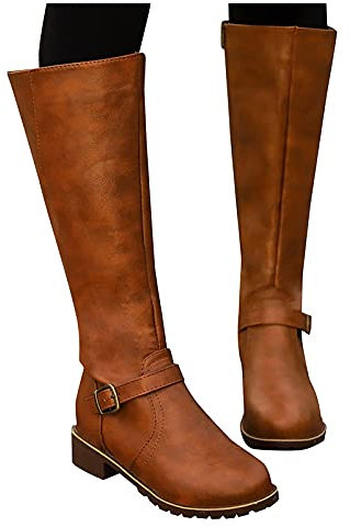 Kniehohe Stiefel Damen Flach Weiter Schaft Winterstiefel mit ReißVerschluss Warme Gefüttert Rutschfeste Langschaftstiefel Winterschuhe Schneestiefel Elegant Winter Braun Schwarz Gelb EU 35-43