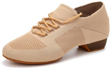 YKXLM Women Standard Practice Social Dance Sneaker Beginner Dance Practice Shoes for Women Low Heel Ballroom,Beige,1 Heel,7.5 US