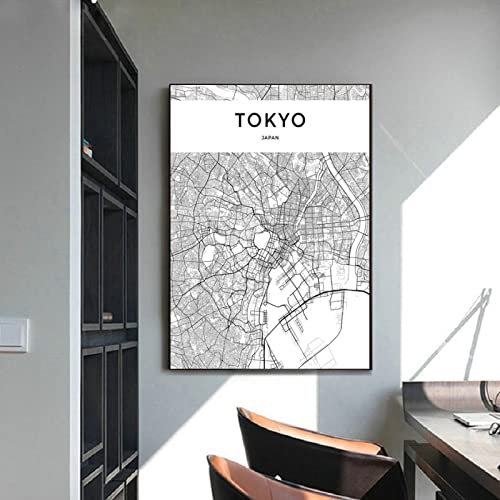 Modern Tokyo City Karta Dukmålning Japan City Svartvitt Vardagsrum Väggkonstbilder Affischer och tryck för heminredning19,6x 27,5(50x70cm) Ingen ram