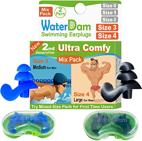 WaterDam Schwimm-Ohrstöpsel, ultra-bequem wasserdicht, verhindern Schwimmerohren, Größe 3 + 4: Erwachsene mit großem Ohr (Blau Schwarz)