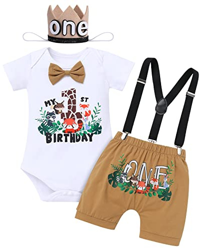Dschungel Baby Jungen 1. Geburtstag Party Outfit Waldtier Baumwolle Kurzarm Strampler Body Shorts Hosenträger König Krone Hut Bekleidungsset Fotoshooting Kostüme 4tlg Braun Giraffe 12-18 Monate