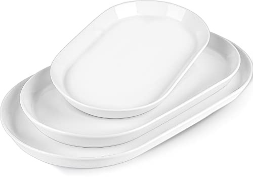 Taeochiy Large Oval Serving Platter Set of 3 (16/14/12) - White Ceramic Turkey Platters for Entertaining, Party Serving Tray, Oven Dishwasher Safe