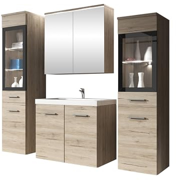 Mirjan24 Badmöbel Set Madrit II mit Waschbecken und Siphon, Komplettprogramme für Spiegelschrank, Waschtisch, Hochschrank (San Remo, mit weißer LED Beleuchtung)