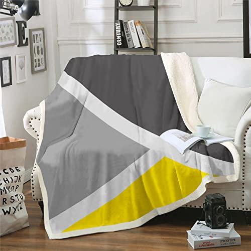 Coperta da letto gialla e grigia, patchwork geometrica triangolare, per letto matrimoniale, 228 x 228 cm, coperta in pile per divano, moderna geometria Sherpa, coperta rustica in flanella morbida e
