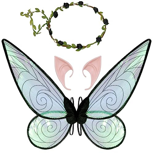 Feenflügel Kostüm, Damen Mädchen Schmetterlingsflügel Elfenflügel mit Elfenohren Blumenkranz Halloween Kostüm Zubehör Karneval Fee Party Schmetterling Kostüm Feenkostüm für Kinder Erwachsene (Schwarz)