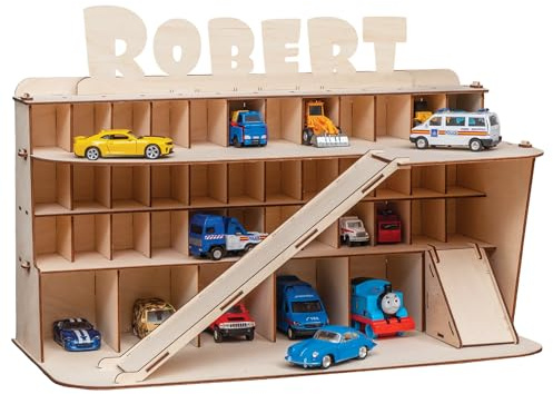 TOYBOX Nachhaltiges Holzspielzeug Auto Garage Set mit individuellem Namen, Spielzeug für Kinder ab 3 Jahren