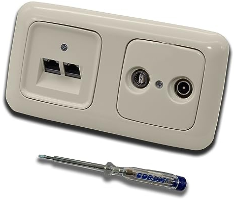 Busch Jäger, Rutenbeck Unterputz Netzwerkdose 10 Gigabit/S (10GbE) KAT6A 6A 2 x RJ45 Anschluss + WISI 2-Loch Durchgangsdose im BJ DUR2000 cremeweiß Design + EBROM Phasenprüfer z. Montage d. Geräte
