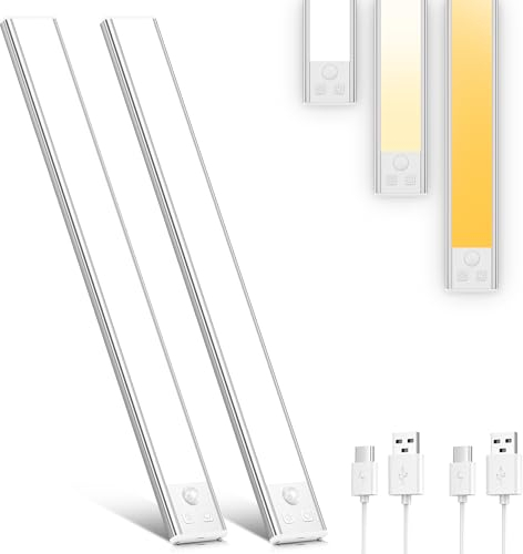 OUILA Luz de Armario con Sensor Movimiento,41CM Recargable Luz Nocturna con temperatura de 3 colores,Regulable Lampara LED Adhesiva para Gabinete, Pasillo, Escalera, Sótano, Cocina, Garaje-2PCS