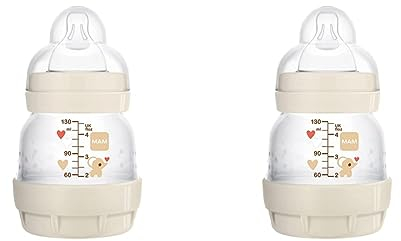MAM Easy Start Self Sterilising Anti-Colic Bottle (1 x 130 ml), Baby Bottle with Slow Flow MAM Teat Size 0, Newborn Essentials, Cream (Designs May Vary) (Pack of 2)
