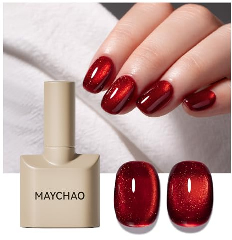 MAYCHAO 15ML Cat Eye Gel Nail Polish 1Pc Red Magnetic Gel Polish with Magnet Soak off Holographic Cat Eye Nail Varnish for Nail Art Manicure Salon DIY at Home