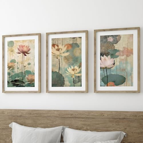 Eviepops Prints Zen Lotus Flowers Wall Art Set of 3 Unframed Poster Prints, Botanical Plant Decor, Living Room Bedroom Bathroom Poster Home Decor, Digital Art, Calming Relaxing, Pink White Green (A3)