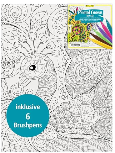 ONLINE Tela Mandala per Adulti, 22 x 32 cm, con Motivo Pavone, Set da Colorare con 6 Penne a Pennello, Immagine per Adolescenti, Occupazione Creativa