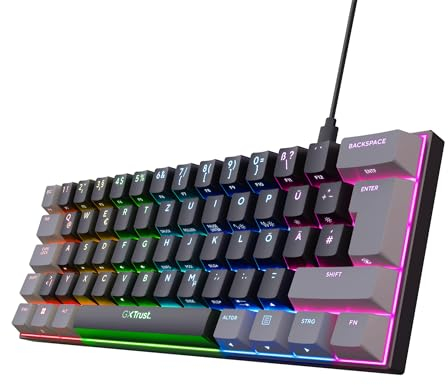 Trust Gaming GXT 867 Acira 60% Mechanische Tastatur Deutsches QWERTZ Layout, RGB Beleuchtung, Doppelt Belegte Tasten, USB Mini Tragbare Programmierbare Kleine Gaming Tastatur 60 Prozent PC Laptop