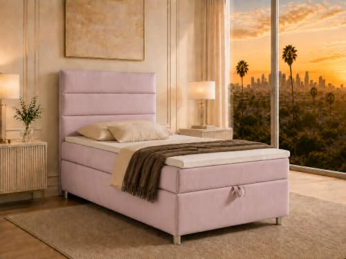 Best For Home Boxspringbett 90x200 Trinity K4 mit Matratze und Bettkasten | Boxspringbett Einzelbett mit Bonellfederkern-Matratze, integriertem Bettkasten, Topper und gepolstertem Paneel-Kopfteil.