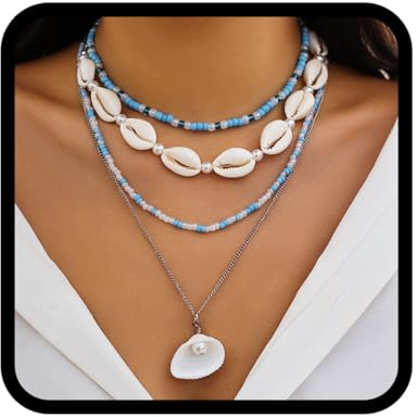 Fashband Boho-Halskette, mehrlagig, Muschel-Perlen-Anhänger, Halsketten, Sommer-Strand-Halskette, Zubehör für Damen