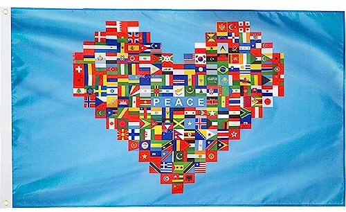 Stakee Bandera De Paz Mundial, 90x150cm, Bandera del País Mundial con Corazón De Paz, Bandera De Poliéster De Color Vibrante, 1 Ud.