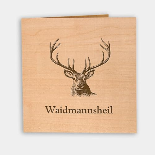 Holzgrusskarten.at Original Holzgrusskarte – Geburtstagskarte Jäger, Jägerin, Förster - Hirschkopf Waidmannsheil – einzigartige Grußkarte, Glückwunschkarte Jäger, Gratulation, Geschenkideen für Jäger