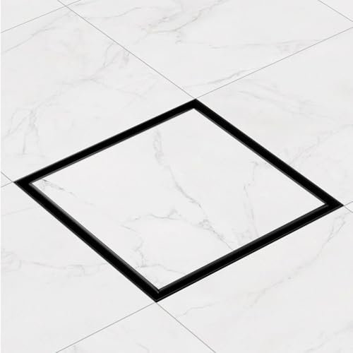Finmrys Caniveau de douche carré noir mat carrelable 15 x 15 cm extra plat en acier inoxydable - Kit complet d'écoulement de douche - Siphon à 360 ° avec système anti-odeurs et tamis à cheveux