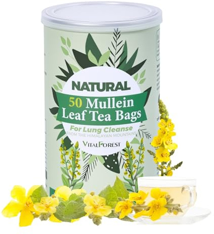 50 Mullein Tea Bags for Lungs, VitalForest 100% Pure Mullein Leave Tea, Lung Detox Cleanse Mullen Tea for Smokers Breathe Deep and Respiratory Support, Caffeine Free Mullin