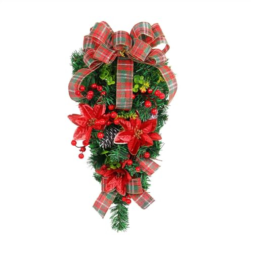 belupai 45 cm große Weihnachtsgirlande in Tropfenform, künstliche Tannengirlande mit Schleife, rotem Weihnachtsstern und Beeren, wintergrüne Tannennadeln, Girlande für Haustür, Bauernhaus,
