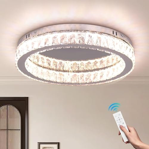 Finktonglan Plafoniera LED Cristallo Dimmerabile Rotonda 45cm con Telecomando e APP, Lampadario Moderno a Basso Profilo per Soggiorno, Sala da Pranzo, Camera da Letto, Cucina 48W