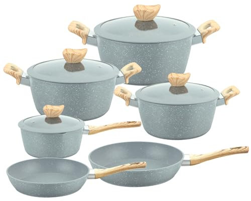 YJKKZQLB Grau, Topf- und Pfannen-Set 10-teilig Küchen-Kochgeschirr-Sets Antihaft-Granitbeschichtung Kochset Induktion Kompatibel mit Brattopf, Sauteuse
