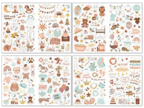 ZORVUJI Kit Scrapbooking Enfant, 212 Pièces Stickers pour Album Naissance Bébé, 8 Feuilles A4 Autocollants Scrapbooking, Cadeau Baby Shower avec Animaux et Motifs Mignons (Marron)