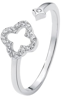 Niaspi CZ Lucky Flower Open Band Ring for Women 925 Sterling Silver Crystal Four Leaf Clover Statement Ring Adjustable Stackable Comfort Fit Wedding Engagement Anniversary Promise Ring Jewelry