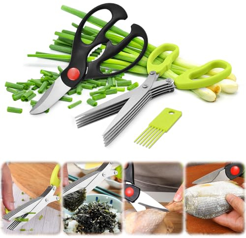 Generic Modern 2-Piece Set Multi-Blade Scissors, Green, Stainless Steel, Kitchen, Food, Meat, Poultry, Herb, Scallions, Spice, Scissors