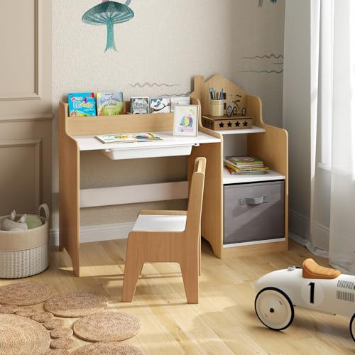 GOPLUS Bureau Enfant Fille Garçon en Forme de Maison, Table Enfant avec Chaise Ergonomique, Bureau d'Étude avec Rangement, Étagère et Tiroirs, pour Chambre et Maternelle (Naturel)