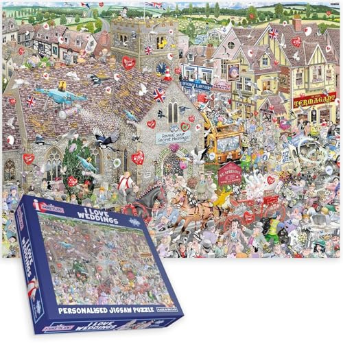 I Love Weddings 1000 Piece Jigsaw Puzzle by Mike Jupp – Hilarious Funny Cartoon Wedding Day Scene Idea with Personal Message Option