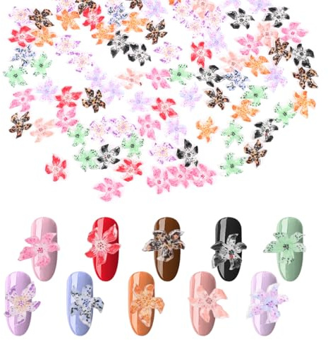 lasuroa 100pcs Lily Flower Nail Charms, Resin 3D Hawaii Flowers Nail Charms Rhinestones Hibiscus Art Stickers Cute Summer Floral Fingernail Gems for Scrapbooking Crafts Manicure Designs DIY