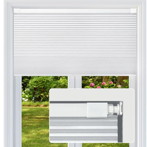 No Drill No Tools Cordless Cellular Shades, Honeycomb Window Blinds, Light Blocking Cellular Shades for Window, Thermal Insulation Blinds, Easy to Install, Blackout White 34 1/2 W x 48 H