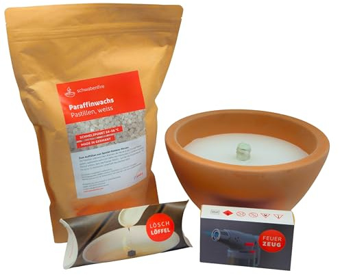 Schwabenfire Bougie spéciale d'extérieur en terre cuite naturelle 24 cm + 1 kg de cire + briquet à jet + éteignoir de mèche Bougie d'extérieur Grand photophore Cadeau pour femme pour les restes de