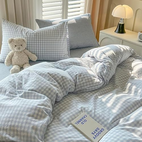 Koudi Kariet Parure de lit réversible en microfibre avec housse de couette de 155 x 220 cm et taie d'oreiller de 80 x 80 cm à fermeture éclair Motif à carreaux Bleu/blanc Pour fille