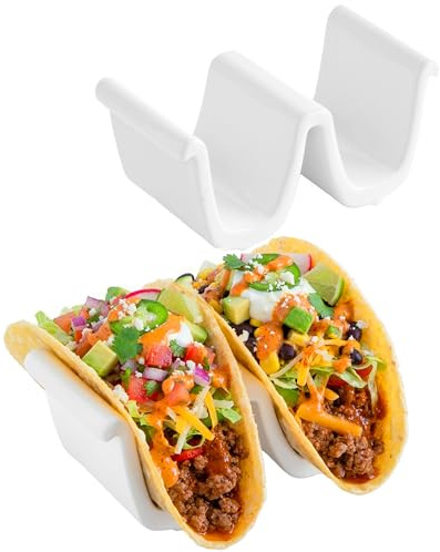 CT Soporte para Tacos de Cerámica, Pack de 2, 4 Piezas (Blanco) | Apto para Lavavajillas y Microondas, Ideal para Fiestas