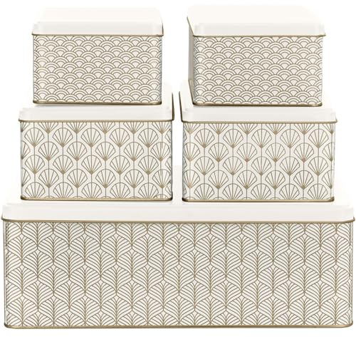 BALOU LIVING 5er Set Keksdose Weihnachten eckig - Weihnachtskeksdosen groß aus Metall - Weihnachtliche Keksdosen Plätzchendose Blechdose, weiß/gold
