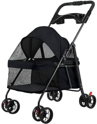 Poussette pour chiens et chats, 4 roues portable pliable avec porte-gobelet, visibilité en maille respirante, pliage en un clic, chariot de voyage pour petits chiens et chats pour animaux de compagnie