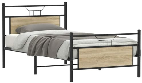 QJBSAVVA Bettgestell Sonoma Eiche 100x190 cm Holz-Metall Lattenrost mit Kopfteil Stauraum unter Bettrahmen Modernes Jugendbett für Schlafzimmer Gästezimmer