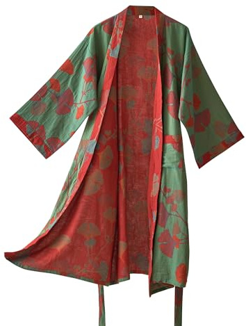 Purefair 100% Cotton Gauze Ginkgo Leaf Kimono Robe, Long Knit Loose Loungewear Bathrobe Nightgown Ladies Sleepwear for Women